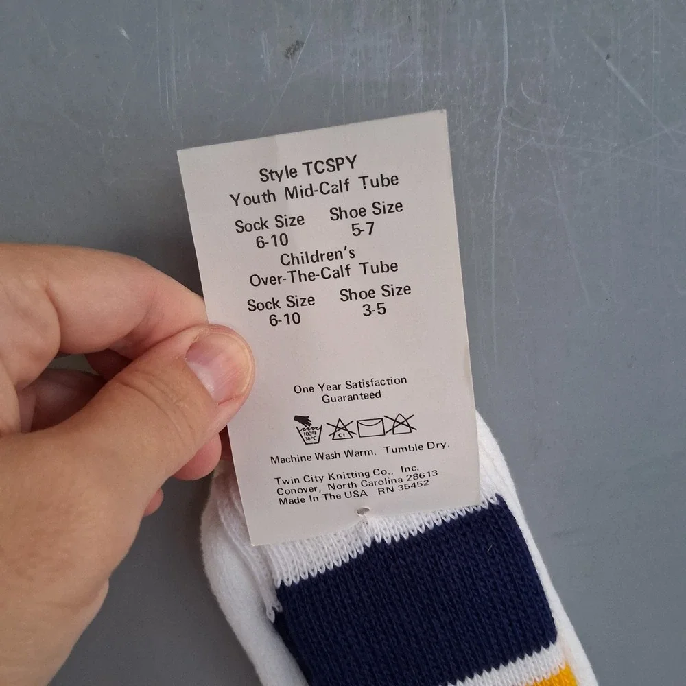 Vtg NOS Deadstock Twin City White Navy Gold Striped Boys Tube Socks 6-10 USA